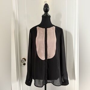 Black Sheer Blouse with Light Pink/Cream Pleated Front - P2P ~ 19”